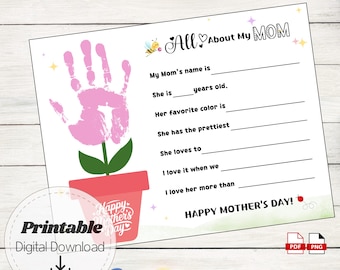 All About My Mom Handprint Craft, Mother's Day Questionnaire for Kids, Toddler Preschool Activity, Flower Handprint Art, Mom Birthday Gift