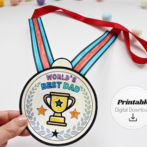 Artisanat de médaille de la fête des pères pour les enfants, modèle imprimable couleur et découpe, prix du meilleur papa du monde, cadeau bricolage, activité pour la fête des pères, téléchargement numérique