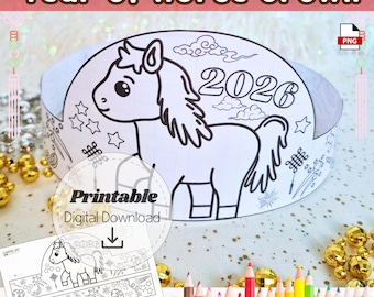Chinese New Year Crafts Year of the Horse Crown DIY Kids Activity Set Coloring Lunar New Year Celebrations  Kids Activity Instant Download