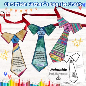 May include: A printable Christian Father's Day tie craft featuring three colorful tie designs with the text "You're Tie-riffic!" and Bible verses. Each tie has a red ribbon for hanging and includes the text "LOVE, John" and "LOVE, Sarah".