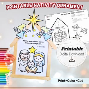 May include: A printable nativity ornament with a house-shaped frame, featuring a cartoon illustration of the Holy Family and angels. The text "For to us a child is born, to us a son is given" is displayed. Includes a "Printable Digital Download" graphic.