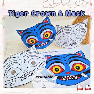 Peut inclure: Image de masques et couronnes de tigre imprimables. Les masques sont bleus avec des rayures noires, des oreilles rouges et des yeux jaunes et rouges. Il existe également des versions en noir et blanc. Le texte "Tiger Crown & Mask" est en haut.