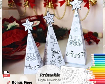 May include: Three white, cone-shaped 3D Christmas tree crafts with star toppers, ready to be colored. The image includes a printable digital download, bonus page, and a set of colored pencils.
