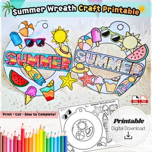 Puede incluir: Dos manualidades imprimibles de coronas de verano con la palabra "SUMMER" en el centro, rodeadas de ilustraciones coloridas de artículos de playa. El texto "Summer Wreath Craft Printable" está en la parte superior. Instrucciones: ¡Imprime, corta y pega!