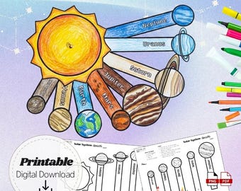 May include: A printable solar system model featuring a yellow sun and planets, with labels like Neptune and Uranus. The image shows a digital download option with outlines for coloring, plus coloured pencils and markers.