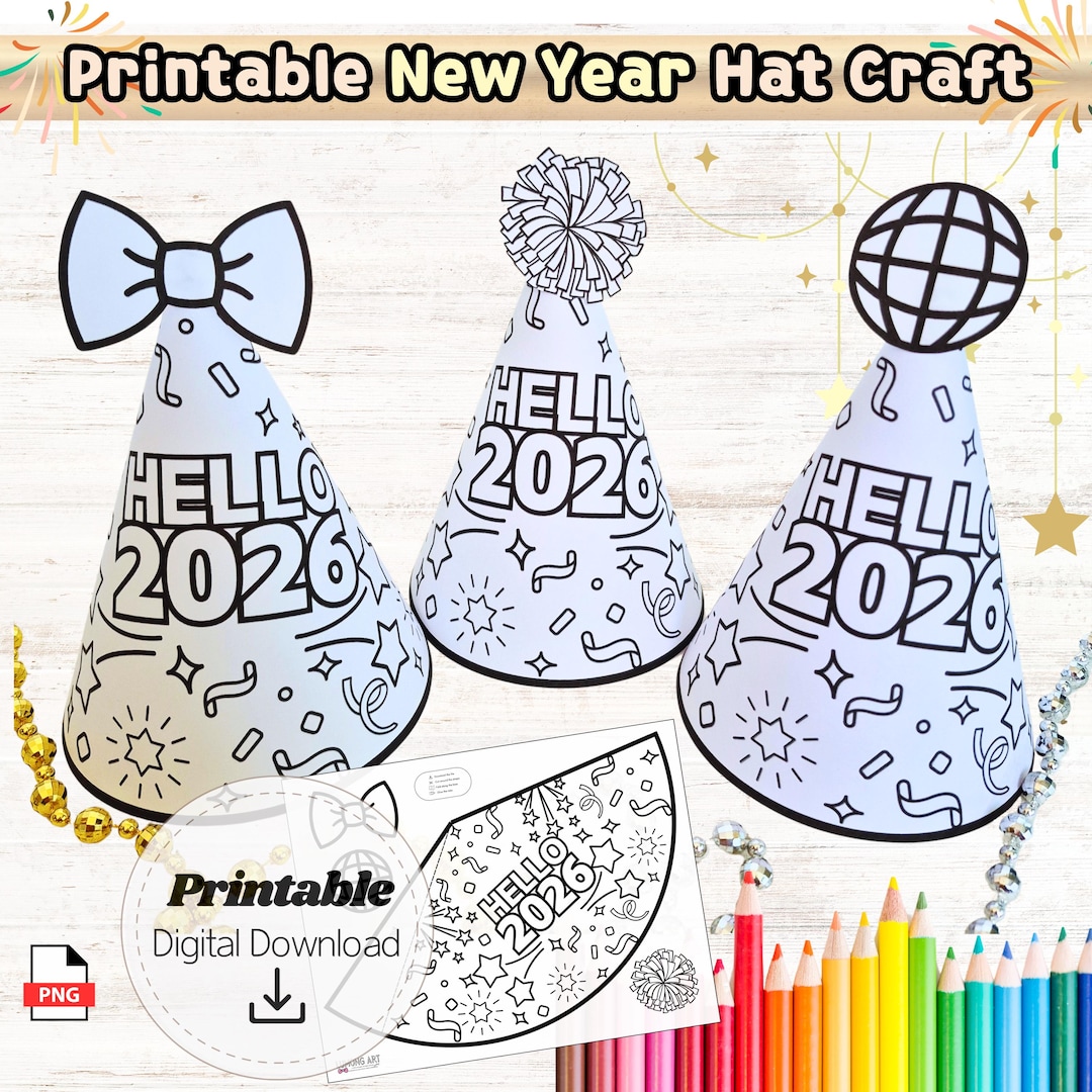 printable new year 2026 cone hat 'hello 2026' easy cutout craft