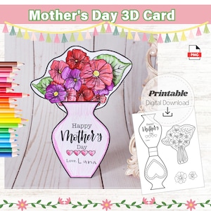 母の日 3D 花瓶カード 印刷可能 カラー＆クラフト キッズアクティビティ パーソナライズされたママへのギフト 色付け 花束カード デジタルダウンロード