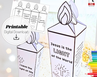 Printable Jesus Candle Craft “Jesus is the Light of the World” John 8:12, 3D Paper Bible Activity for Kids, Sunday School Christian