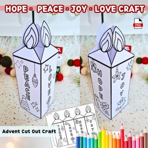 Könnte beinhalten: Ein weißes Advents-Ausschneide-Bastelprojekt mit den Wörtern "HOPE", "PEACE", "JOY" und "LOVE" darauf gedruckt. Das Bastelprojekt hat eine Kerzenform mit Flammenausschnitten oben und dekorativen Bildern. Ein Blatt Buntstifte befindet sich im Vordergrund.