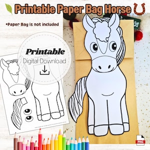May include: A printable paper bag horse craft. The image shows a white horse outline on a brown paper bag, with additional cut-out pieces. Text includes "Printable Paper Bag Horse" and "Digital Download". Colored pencils are at the bottom.