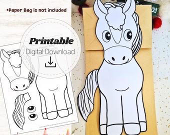 Paper Bag Horse Craft Printable, 2026 Year of the Horse Paper Bag Puppet Craft – Print, Color, Cut Kids Activity Instant Download
