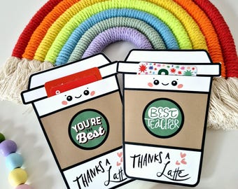Leraar cadeaukaarthouder bedankt een latte afdrukbare koffiekaart beste leraar einde schooljaar leraar waardering bedankt cadeaukaart doe-het-zelf