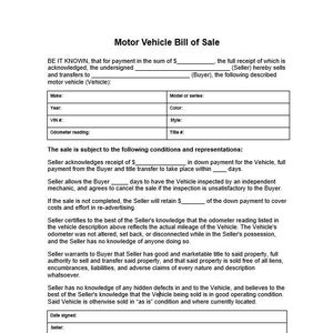 Bill of Sale / Motor Vehicle /  Digital Print / 8.5”x11” / DOC / Car Sale Form /Auto Record / Instant Download / BOS /Automobile Sale / Form