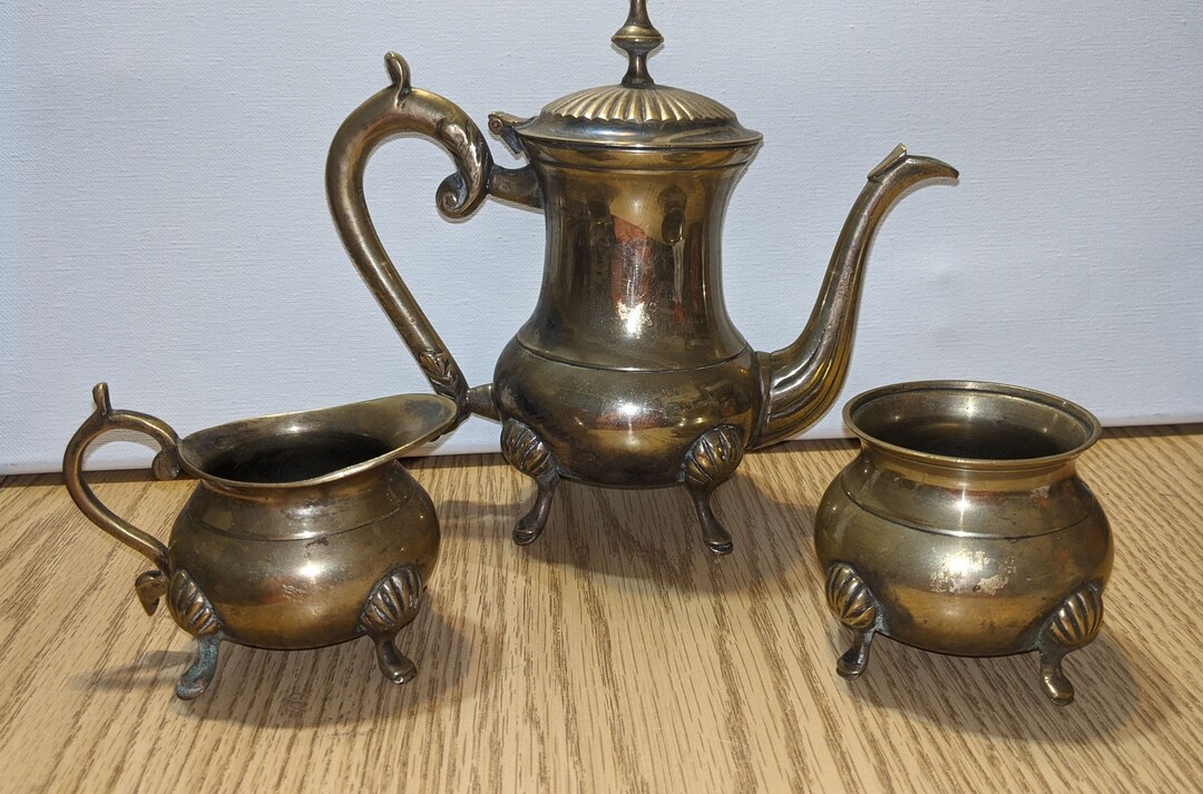 Brass Teapot Set / Footed Brass Teapot / Footed Brass Sugar and Creamer