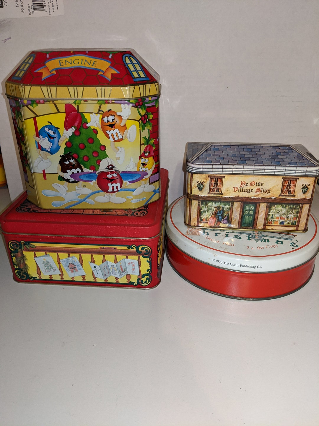 Christmas Tin Cans / Saturday Evening Post / M&M Tin Can / Crayola Tin