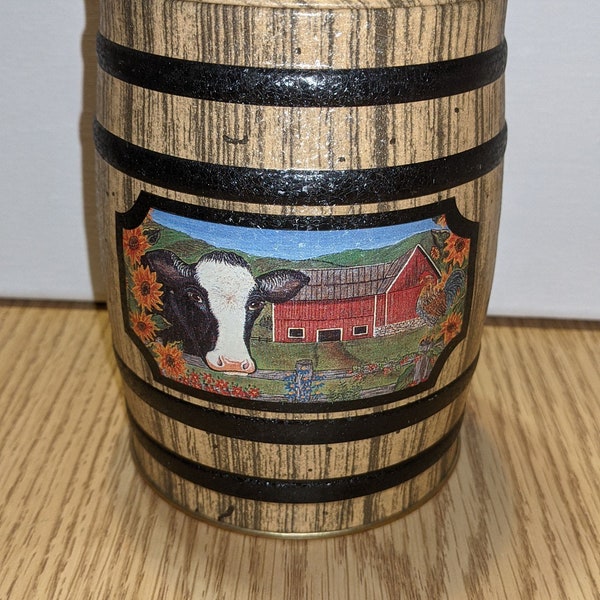 Cow Tin Can / Tin Barrel with Cork Plug / Holstein Cow / Red Barn / Cylinder Container / Country Decor / Metal Storage Box / Bacon Grease