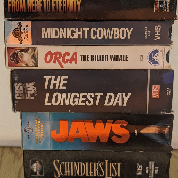 VHS Tapes / VHS Movies / The Longest Day / Orca / Jaws / Schindlers List / From Here to Eternity / Midnight Cowboy / War / Western / Action