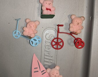 80s Flock Pink Bears / Fuzzy Teddy / Red Bow / Cute / Kitsch / Miniature / Light Pink Teddy / Fuzzy Bear / Toy / Figure / Fuzzy Flocked Bear