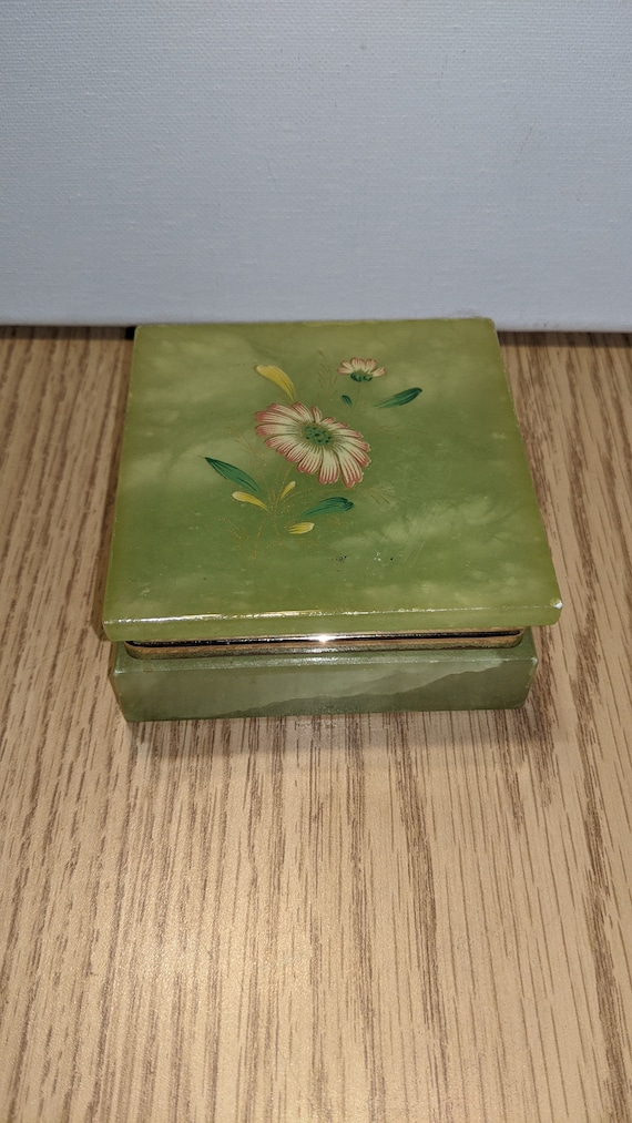 Green Square Alabaster Trinket Box / Floral Design