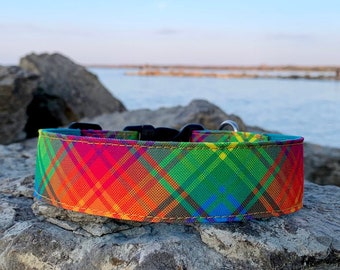 Rainbow Plaid Dog Collar -  dog collar - floral dog collar - Recycled Canvas dog collar