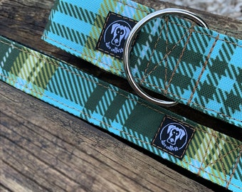 Olive Sky Plaid Dog Collar - dog collar- fall dog collar - Recycled Canvas Dog collar