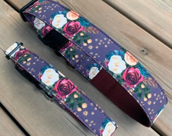 Mauve Florals dog collar - Floral dog collar - fall dog collar - Recycled Canvas dog collar