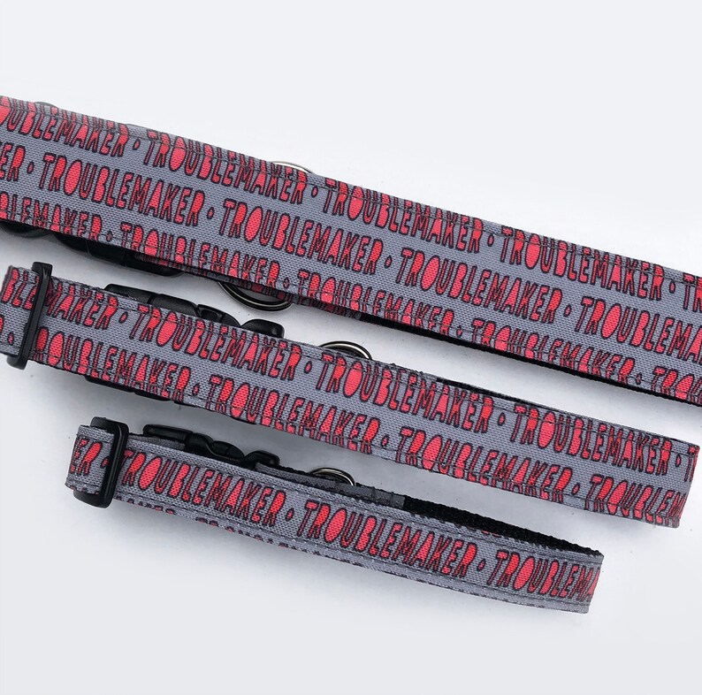 May include: Three gray dog collars with black buckles. The collars are printed with the repeated text "Troublemaker" in pink.