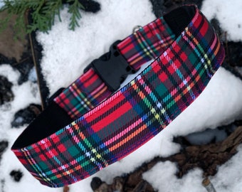 Holiday Plaid Dog Collar - Christmas Dog Collar-  red tartan dog collar - plaid dog collar - dog collar and bow