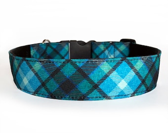 Bright blue tartan dog collar, plaid dog collar, dog collar, Recycled canvas dog collar