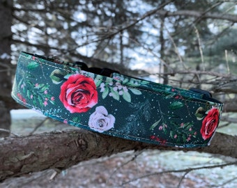 Evergreen Winter Floral Dog Collar - winter dog collar - christmas dog collar - floral dog collar