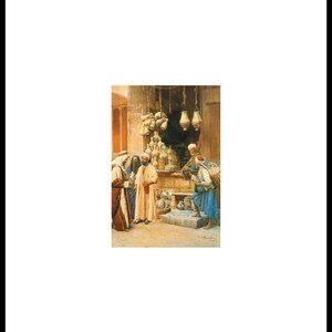 May include: A group of people in traditional clothing are shopping for pottery in a Middle Eastern marketplace. The pottery is displayed on shelves and hanging from the ceiling. The scene is painted in a realistic style with warm colors.