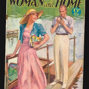 May include: A vintage magazine cover featuring a woman in a pink dress and a straw hat, and a man in a white shirt and pants. The magazine is titled "Woman and Home" and the cover text says "Two Pretty Jumpers - Instructions Inside". The magazine cover is dated July 1933.