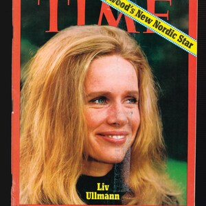 以下が含まれることがあります： スウェーデンの女優リヴ・ウルマンを特集したタイム誌の表紙。見出しは「ハリウッドの新北欧スター」。表紙は赤で、上部に黄色の帯と青い帯が巻かれている。