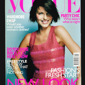 May include: A pink and black magazine cover with the title "Vogue" in large pink letters. The cover features a woman wearing a pink sequined dress and a short haircut. The text on the cover includes "Party Chic", "Who wears what at night", "Fashion's Fresh Start", and "New Look".
