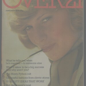 May include: A magazine cover for Over 21, a publication from January 1975. The cover features a woman's face and the text "What he tells you when he's married - to someone else. What it takes to be a big success. And why aren't you? The Monty Python cult. Successful fashions from clever stores. 50 BEAUTY IDEAS THAT WORK. Knit the season's most exclusive sweater. WINTER SPORTS HOLIDAY OFFER."