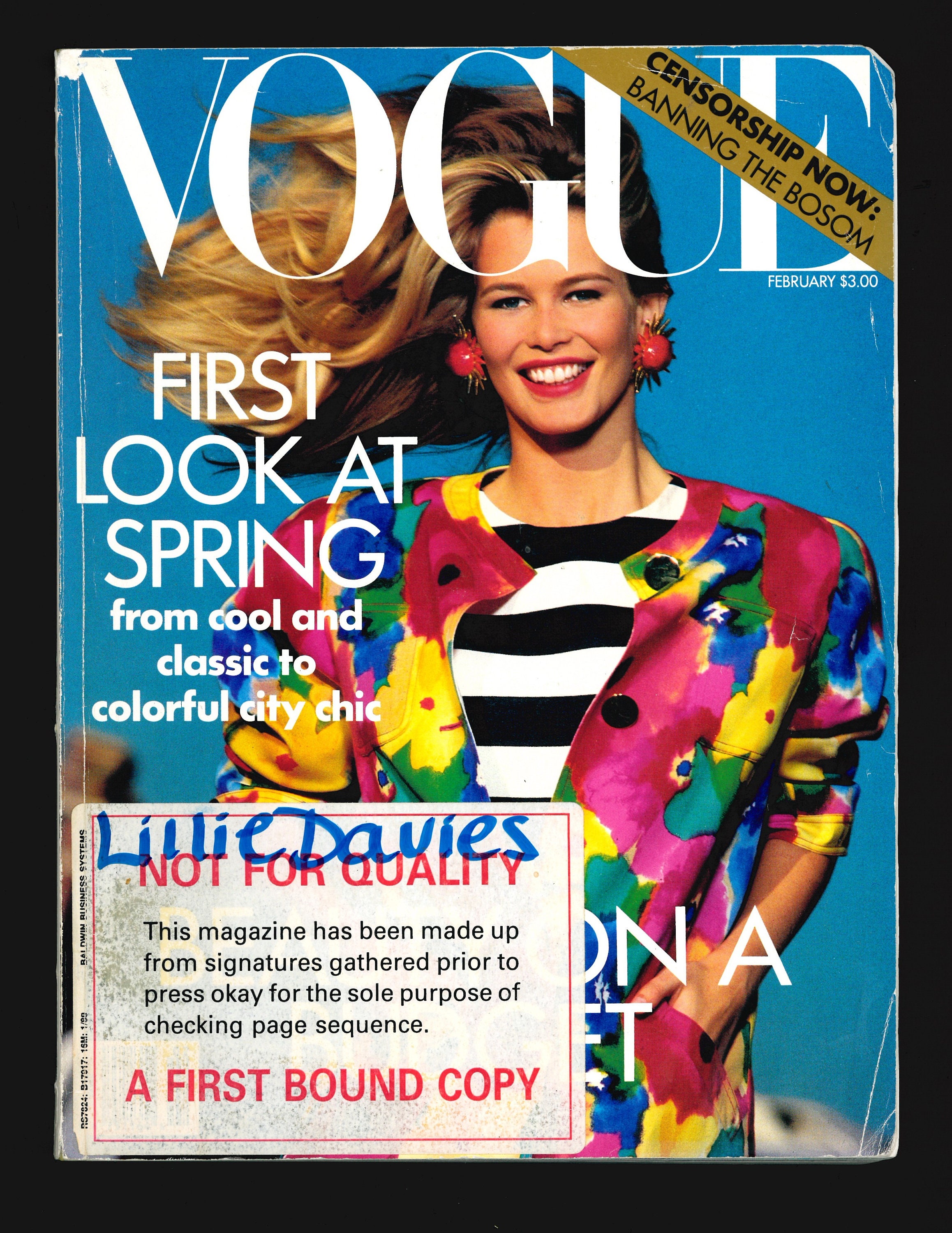 June 1991 /Vogue cover//ヴォーグ/アートポスター Vogue US Feb 1991 Original Vintage Fashion Magazine Claudia