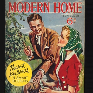 May include: A vintage magazine cover for Modern Home, September 1938, featuring a couple picking blackberries in a field. The cover text reads "Colour Schemes for Early Autumn" and "Newest Knitwear 4 Smart Designs".