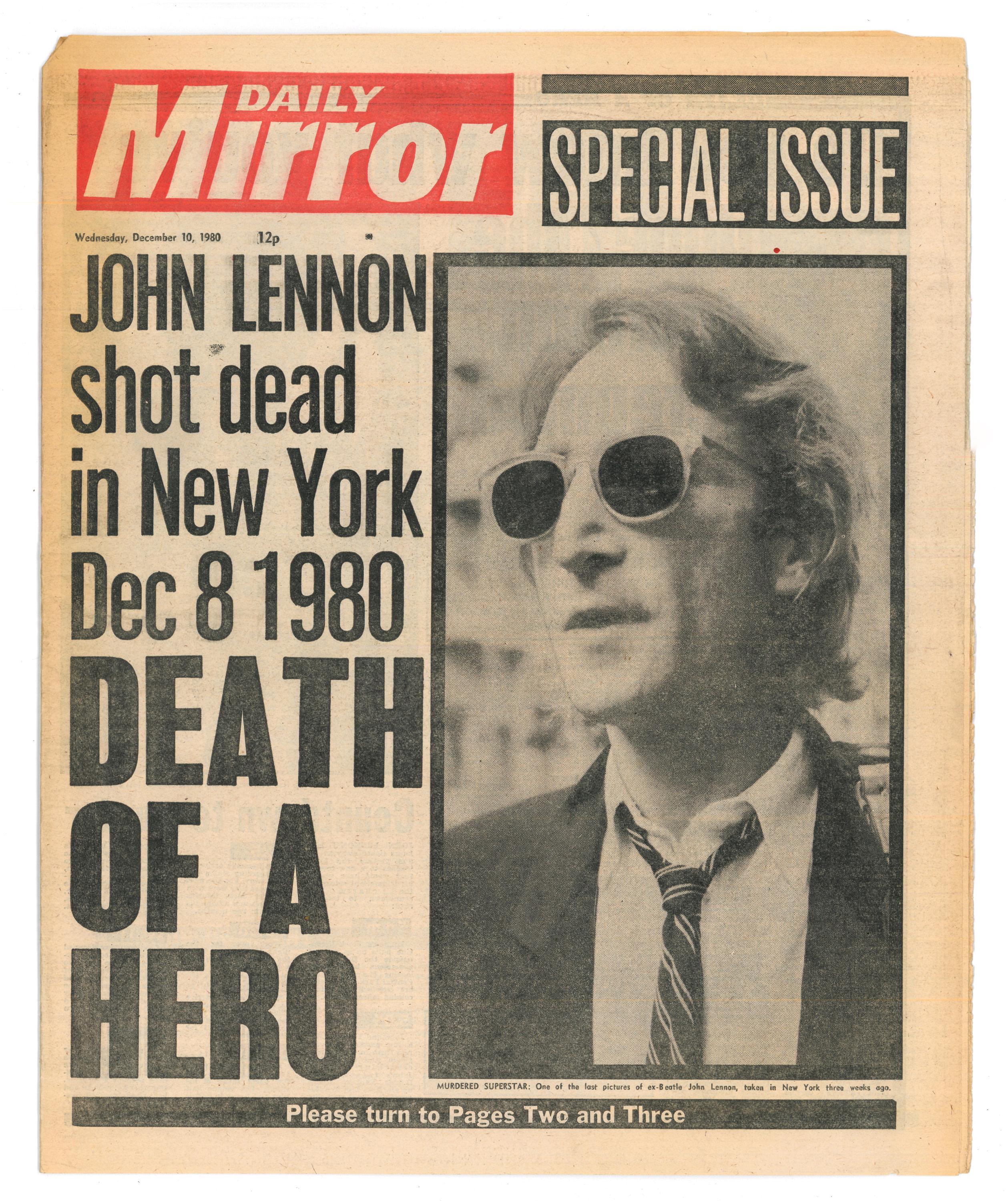報知新聞 ジョン•レノン 1980年12月10日 ジョン・レノンの死去 イギリスの新聞の見出し 1980年12月10日 x 4