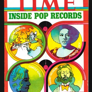 May include: A vintage TIME magazine cover from February 12, 1973, featuring a colorful illustration of four musicians: Ian Anderson, Carole King, Harry Nilsson, and Roberta Flack. The cover title reads "Inside Pop Records".