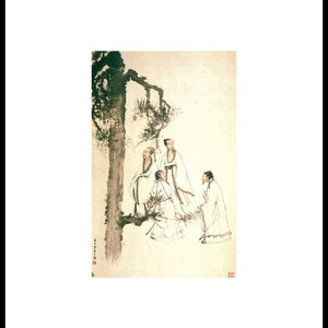 Puede incluir: Una pintura de tinta negra y blanca que representa a cuatro figuras con ropa tradicional china de pie en una rama de árbol. Las figuras están rodeadas de un fondo marrón claro.