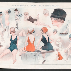 May include: A vintage illustration of women in various bathing costumes and hats at the beach. The illustration is in a colourful style with a light blue background. The text "UNE PLAGE A LA MODE... OU IL VOUS PLAIRA" is at the top of the image.