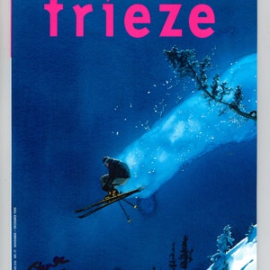 May include: A magazine cover featuring a skier in mid-air, with a blue background and a snowflake. The magazine is called "frieze" and is about contemporary art and culture. The issue number is 49 and the price is £4.50.