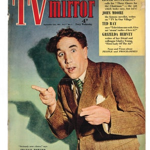 May include: A vintage cover of the TV Mirror magazine featuring a man in a brown suit and a green tie. The cover text reads "TV Mirror" and "September 12th, 1953 Vol. 1 No. 3 Every Wednesday".