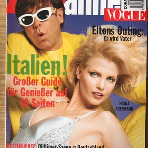 Manner Vogue agosto 1995 alemão original vintage raro retro moda revista presente de aniversário presente Elton John Nadja Auermann capa