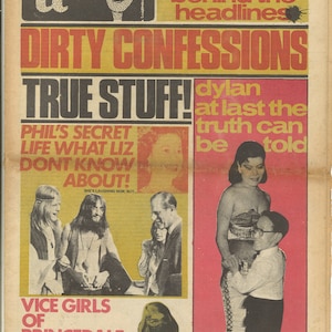 May include: A vintage newspaper page with the headline "DIRTY CONFESSIONS" in large red and yellow letters. The page features various articles, including "TRUE STUFF!" and "VICE GIRLS OF PRINCEDALE ROAD." The newspaper is aged with visible wear.