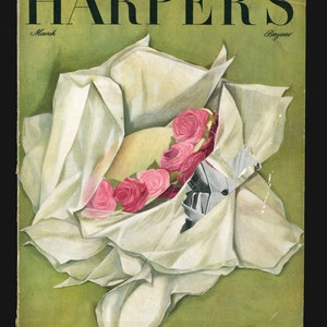 Könnte beinhalten: Ein Vintage-Cover der Zeitschrift Harper's Bazaar aus dem März, das einen weißen Hut mit rosa Rosen zeigt, der in weißes Seidenpapier eingewickelt ist. Der Titeltext lautet "Harper's Bazaar" und "London Fashions".