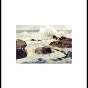 May include: A painting of a seascape with crashing waves and dark rocks. The water is a light blue and white, and the rocks are a dark brown. The painting is signed in the bottom right corner.