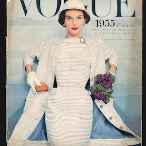 May include: Vogue magazine cover from January 1955 featuring a woman wearing a white hat and a striped dress. The cover text reads "1955 Changes Fresh fashion-start, fresh fabrics, for every climate in the U.S.A. 100 new ideas in living".