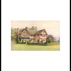 May include: A watercolor painting of a large, two-story house with a brown roof and white trim. The house has a large lawn in front of it and is surrounded by trees.