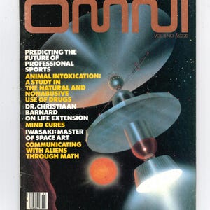 Könnte beinhalten: Das Cover des Omni-Magazins, Vol. 8 Nr. 3, zeigt eine futuristische Weltraumszene mit einem Satelliten und einer leuchtend orangefarbenen Sonne vor einem sternenübersäten schwarzen Hintergrund. Der Titel des Magazins ist in einer Retro-Orange-Schriftart.